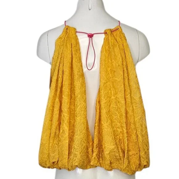 Anthropologie Halter Parachute Bubble-Hem Tank Blouse Toggle Back Yellow XS, NWT - Picture 3 of 10